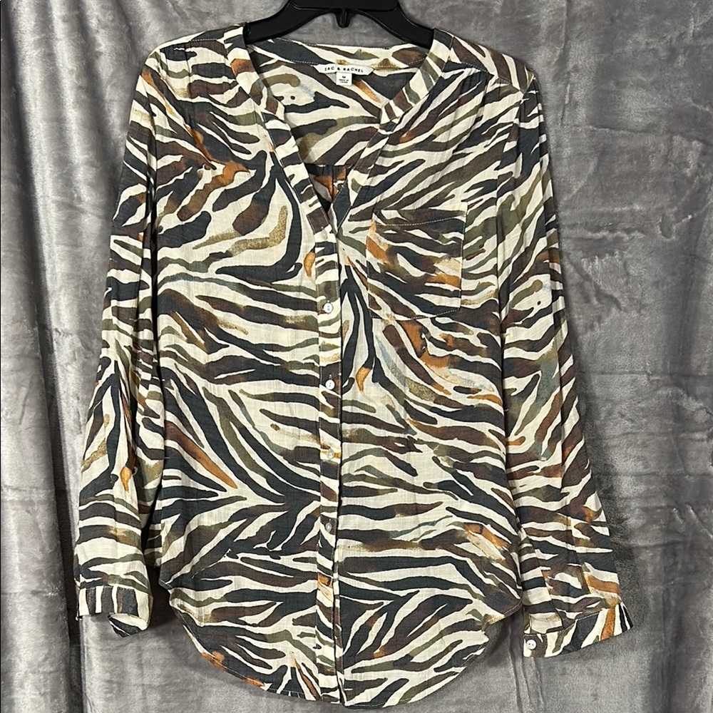 Zac & Rachel Tan and Brown Button Down Shirt with Animal Print